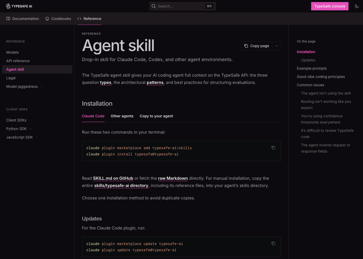 TypeSafe Agent skill docs page with Claude Code install commands
