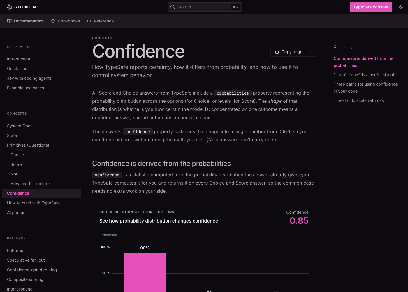 TypeSafe Confidence docs page with an interactive probability explorer