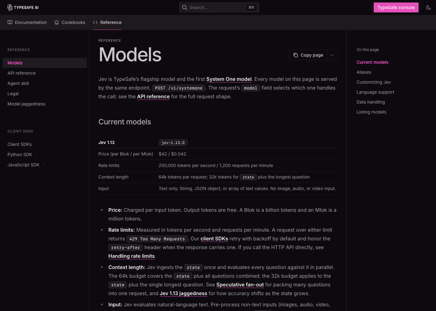 TypeSafe Models page showing Jev 1.13 price, rate limits and context length