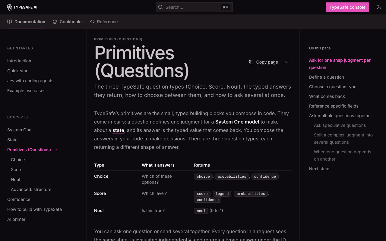 TypeSafe Primitives docs page listing Choice, Score and Noul return fields